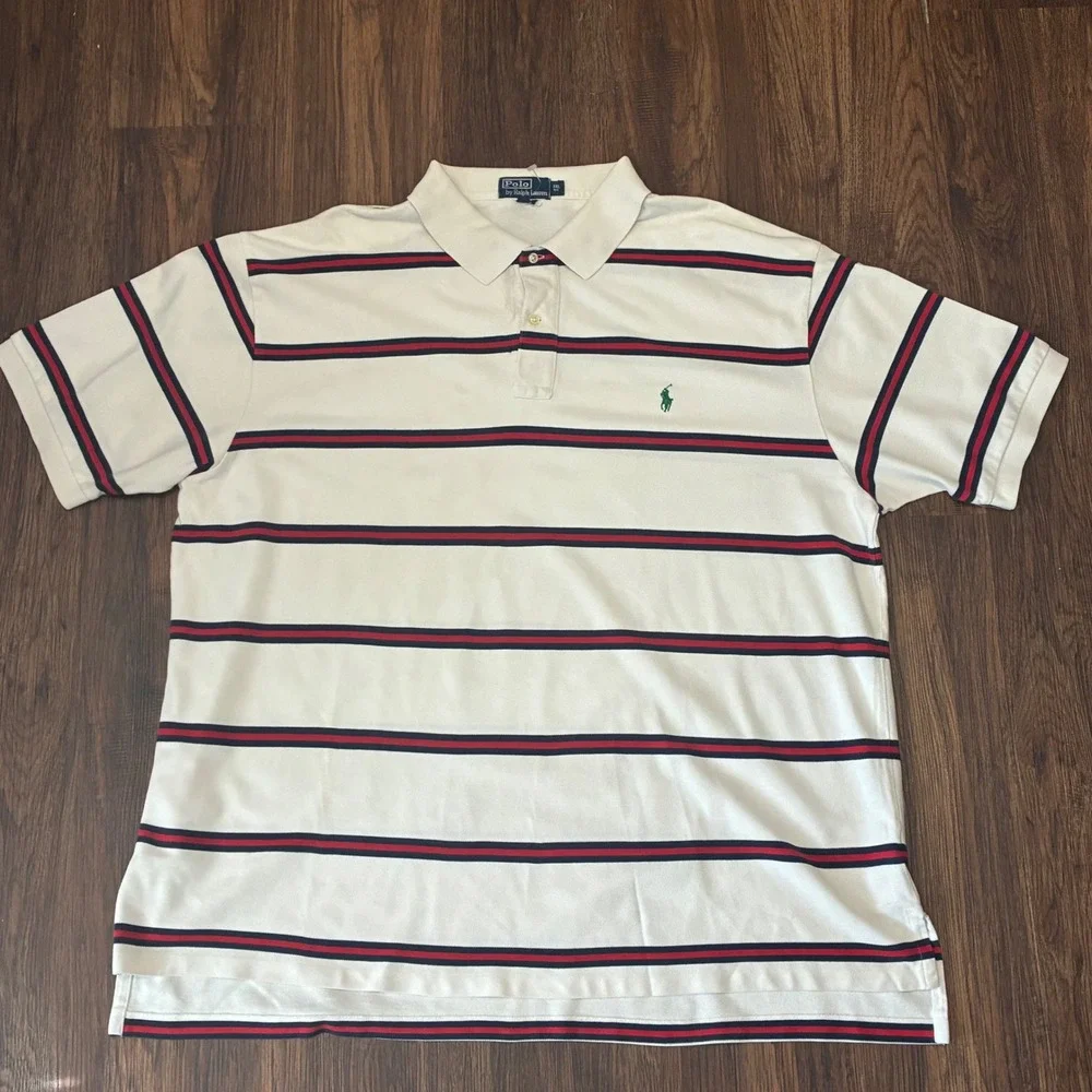 VTG Polo Ralph Lauren Polo Shirt Mens 3XL Big White Striped Cotton Short Sleeve